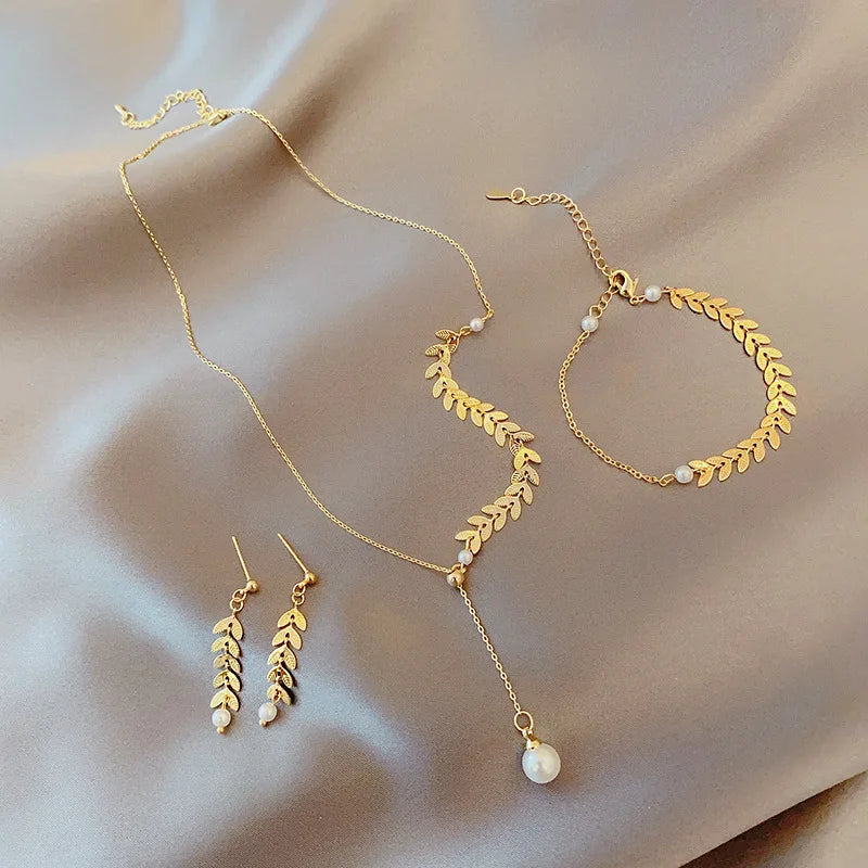 No fading stainless steel Bridal 18K Gold Plated Leaf Pearl Pendant Necklace Earrings Bracelet Jewelry Set for Women
