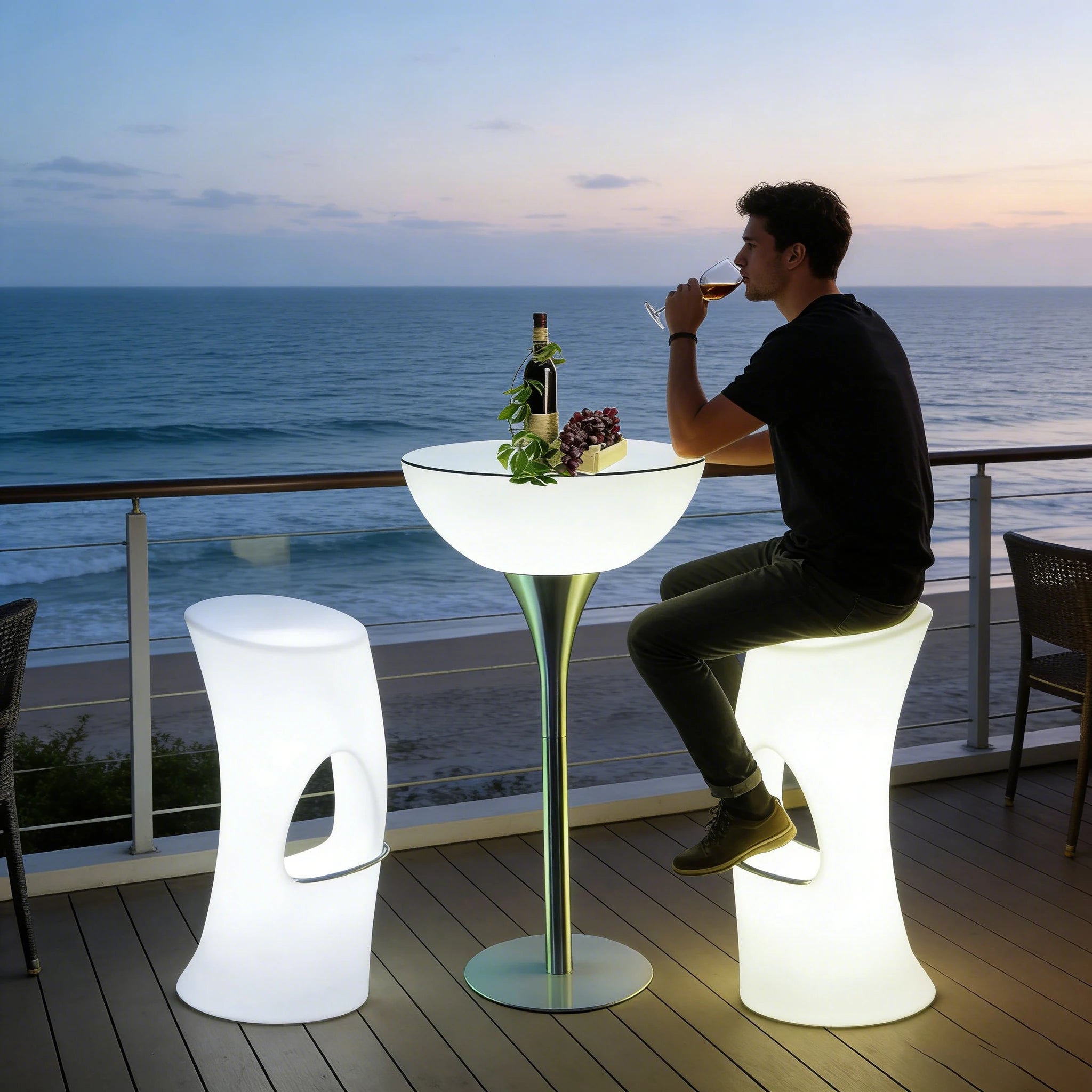Modern Waterproof Luminous Hotel Patio Terrace Garden Event Plastic Outdoor Led Lighted Bar Stool Furniture Table 4 Chair Set