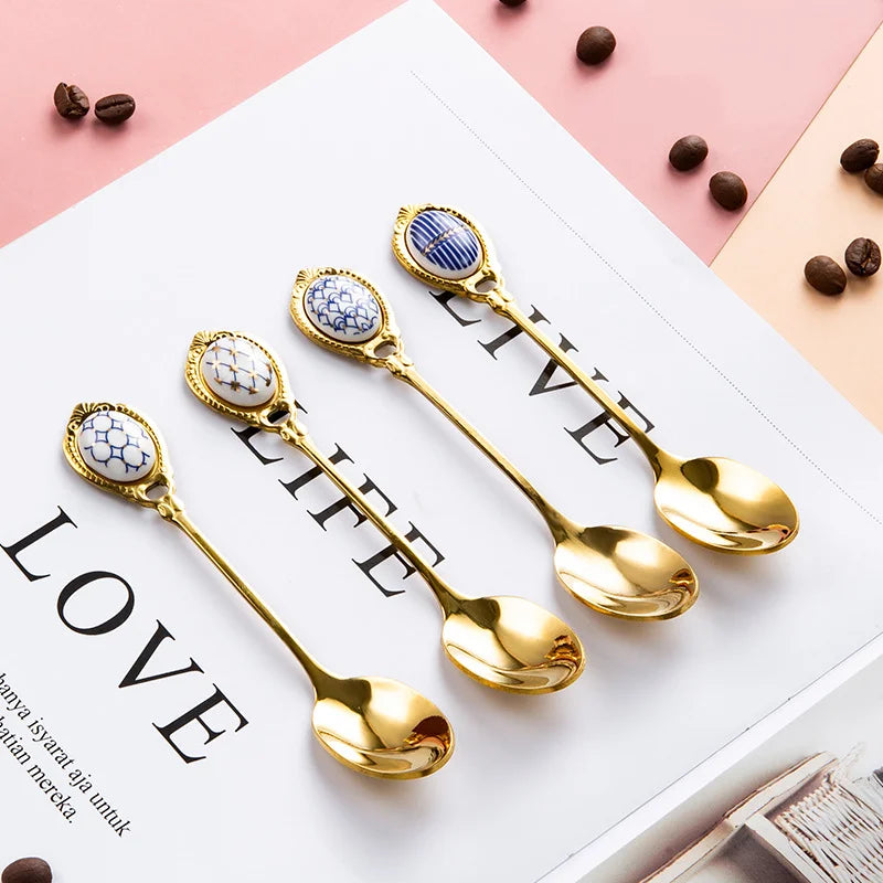 Factory Direct Supply Gold Vintage Coffee Spoon Creative Light Luxury Cutlery Fruit Ice Cream Ceramic Stainless Steel Spoon
