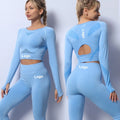 New Seamless Gymwear Sport Suit-High Elastic Hollow Back Long Sleeve Yoga Crop Top Legging Breathable Streetwear Solid Pattern