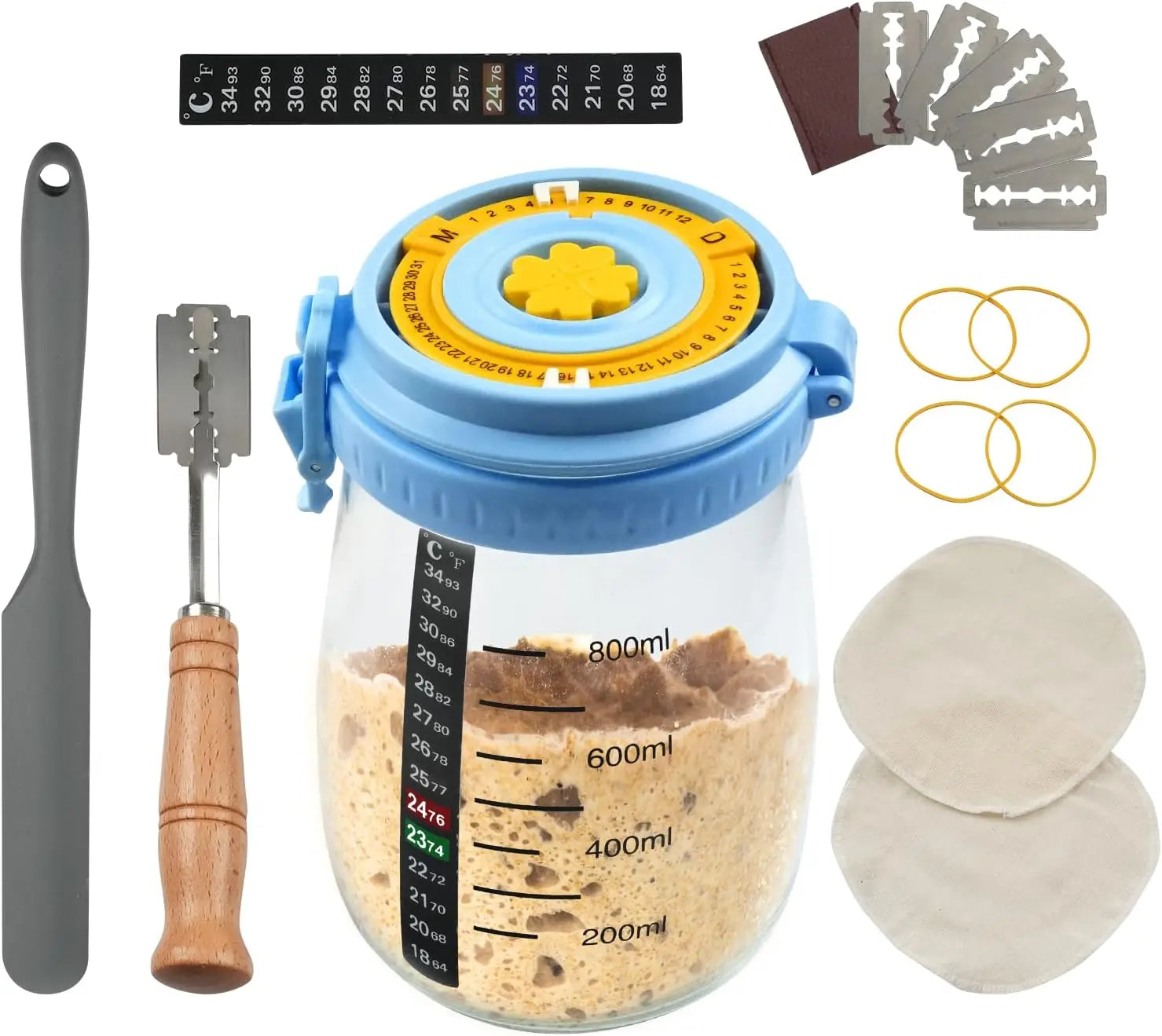 35 OZ Eco-Friendly Glass Jar Sourdough Starter Kit Thermometer Silicone Scraper Cloth Cover Bread Lame for Baking Pastry Tools