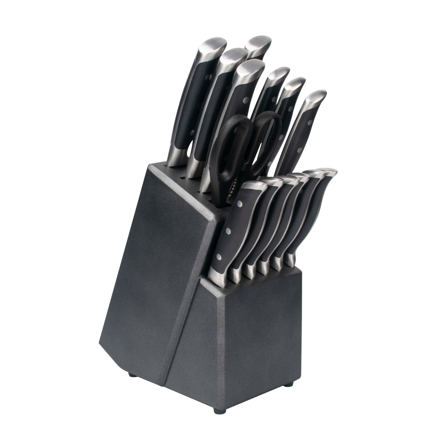 Premium 15-Piece Stainless Steel Block Knife Set with 5Cr15Mov Blades POM Handle Ambidextrous Design