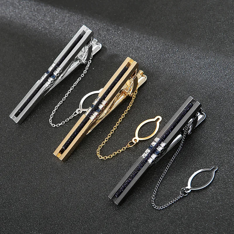 New Arrival Luxury Mens Tie Clip With Chain Copper Crystal AgateTie Pins Bar for Men Suit Accessories