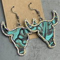 2025 Western Trendy Jewelry New Collection of Texas Longhorn Tooled Leather Cow Bull Skull Steer Earrings Rhinestone for Women