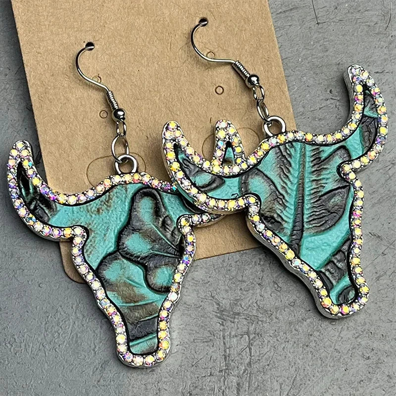 2025 Western Trendy Jewelry New Collection of Texas Longhorn Tooled Leather Cow Bull Skull Steer Earrings Rhinestone for Women