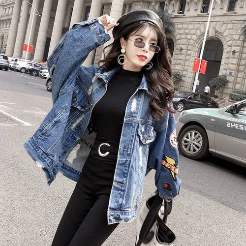 Women'S Ripped Denim Jacket Mid-Length Denim Jacket