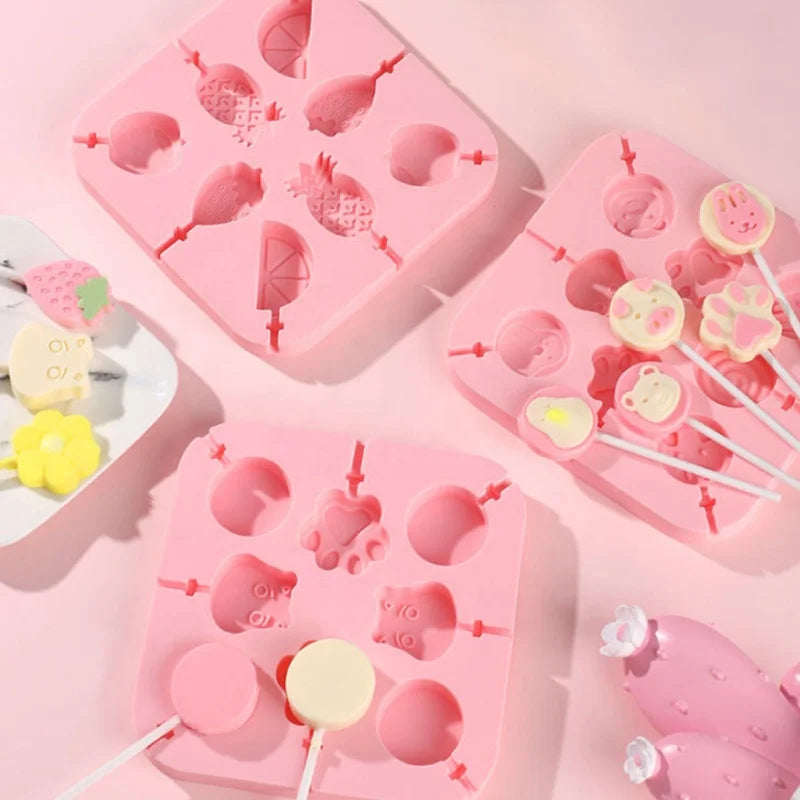 Eco-friendly Homemade Cartoon Bear Flower Fruit Shape Silicone Lollipop Molds Ice Cube Chocolate Hard Candy Mold