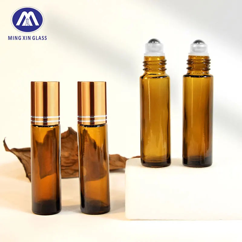 Wholesale 10ml Flat Empty Glass Roller Bottle with Amber Fragrance Oil 8ml Roll-On Perfume Bottle with Roller for Ball
