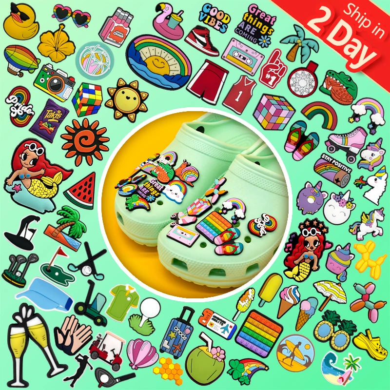 Custom Summer Vacation Shoe Charms Designer Inspired Factory Direct Casual Beach Life Rainbow Camera Sun Ice Cream Rubber