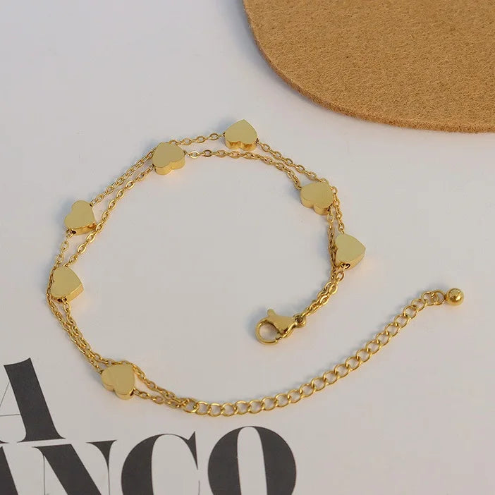 New Design 18k Gold Plated Stainless Steel Double Layer Jewelry Gift Multi Heart Bracelet for Women