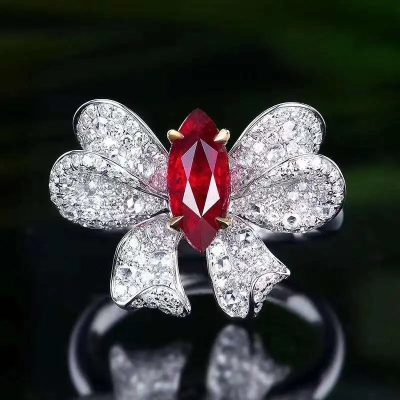 SGARIT Gemstone Jewelry Ruby Butterfly Ring AIGS Certificate 18K White Gold 1.55CT Marquise Shape Natural Red Ruby Design Ring