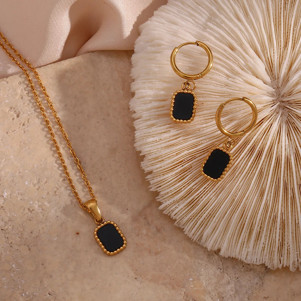 Waterproof Stainless Steel Jewelry Gold Plated None Tarnished Black White Enamel Square Shell Hoop Earring Pendant Necklace Set