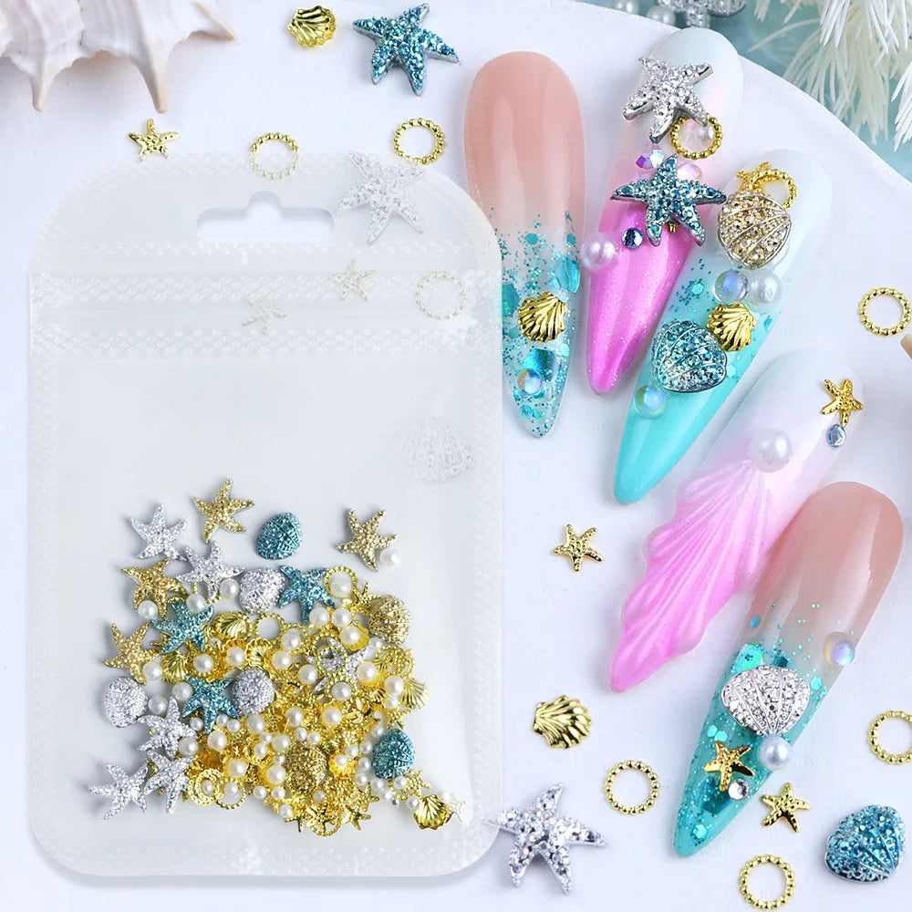 Summer 3D Resin Alloy Shell Starfish Nail Charms Decorations for Manicure DIY Ocean Series Accessory & Art