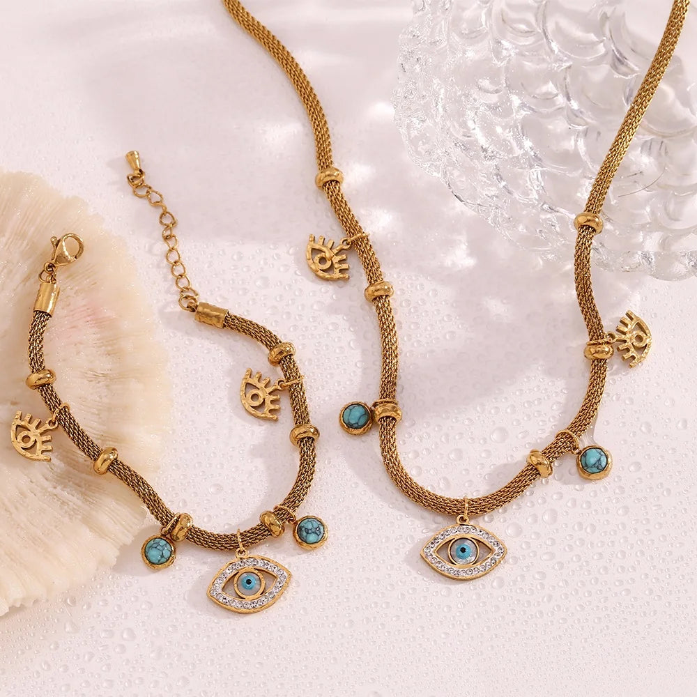 Dreamshow Vintage Turquoise Evil Eye Jewelry Gemstone Charm Choker Gold Plated Chain Necklace Stainless Steel Jewelry