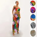 2023 Popular Print Pleated Two Piece Strap Top With New Design Slimming Long Dress