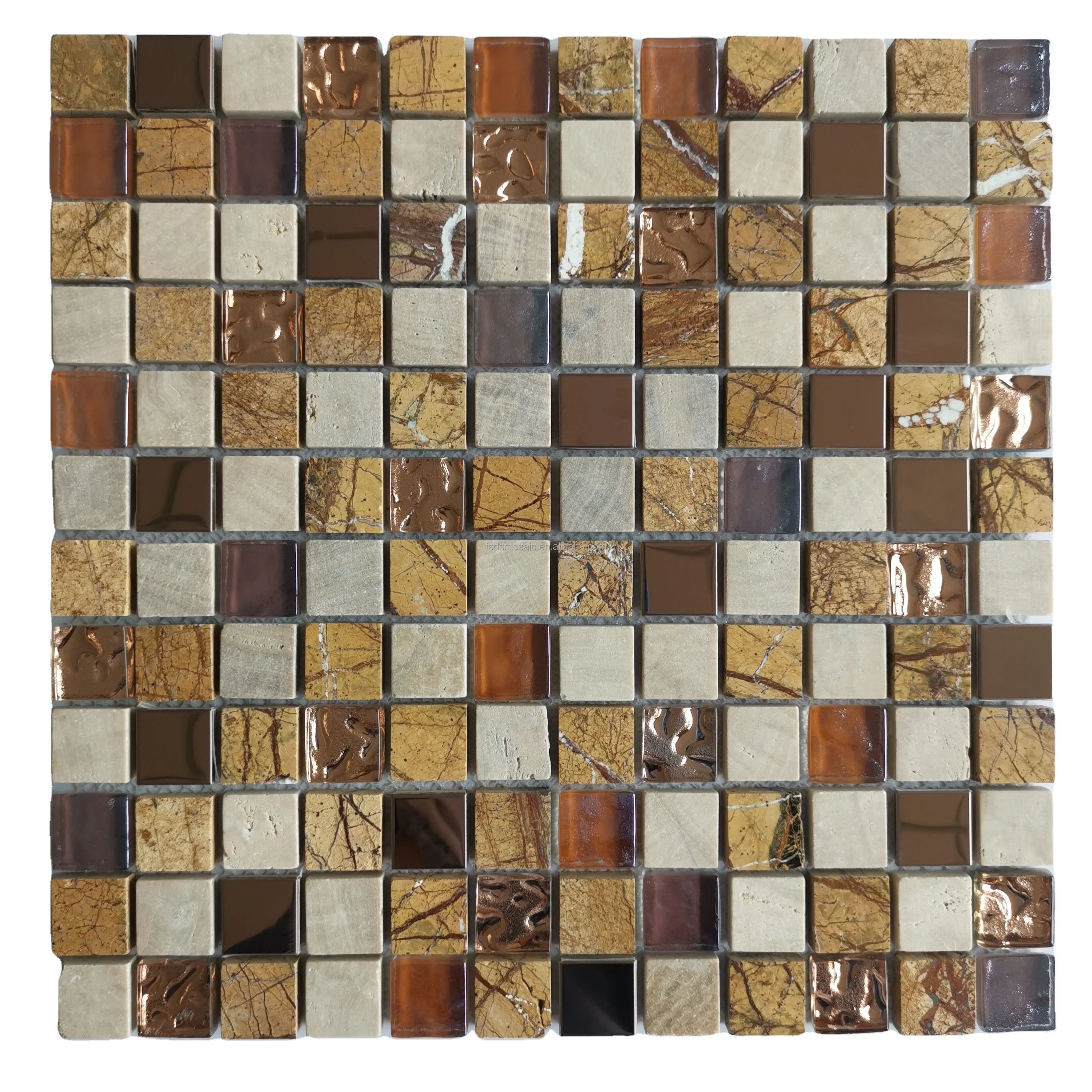 Classic Brown Glossy Square Crystal Glass and Nature Stone Mosaic Tiles for Bathroom 2x2 Black Wall Floor Tile Mosaic for Sale