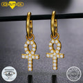 Hot Sale Gold Plate Real 925 Sterling Silver Round Moissanite Ankh Earring Iced Lab Diamond Cross Drop Dangle Diamond Earrings