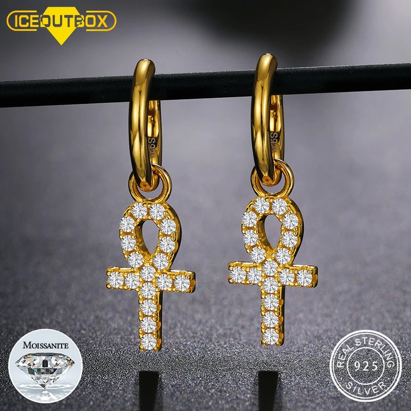 Hot Sale Gold Plate Real 925 Sterling Silver Round Moissanite Ankh Earring Iced Lab Diamond Cross Drop Dangle Diamond Earrings