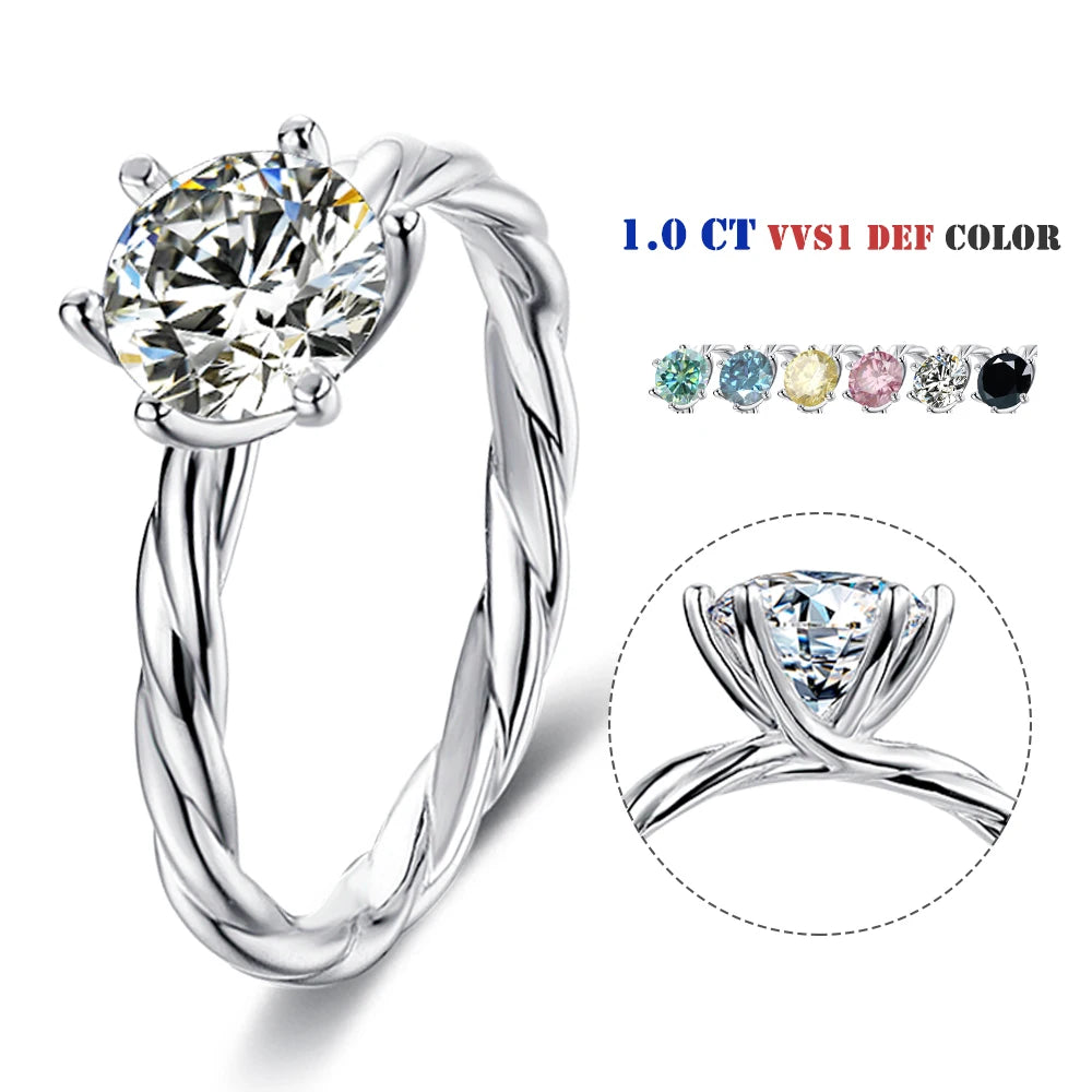 Abiding 1Ct Mosanite Diamond Ring Women Sterling Silver 925 Ring Six Prong Round Mosanite Curved Ring