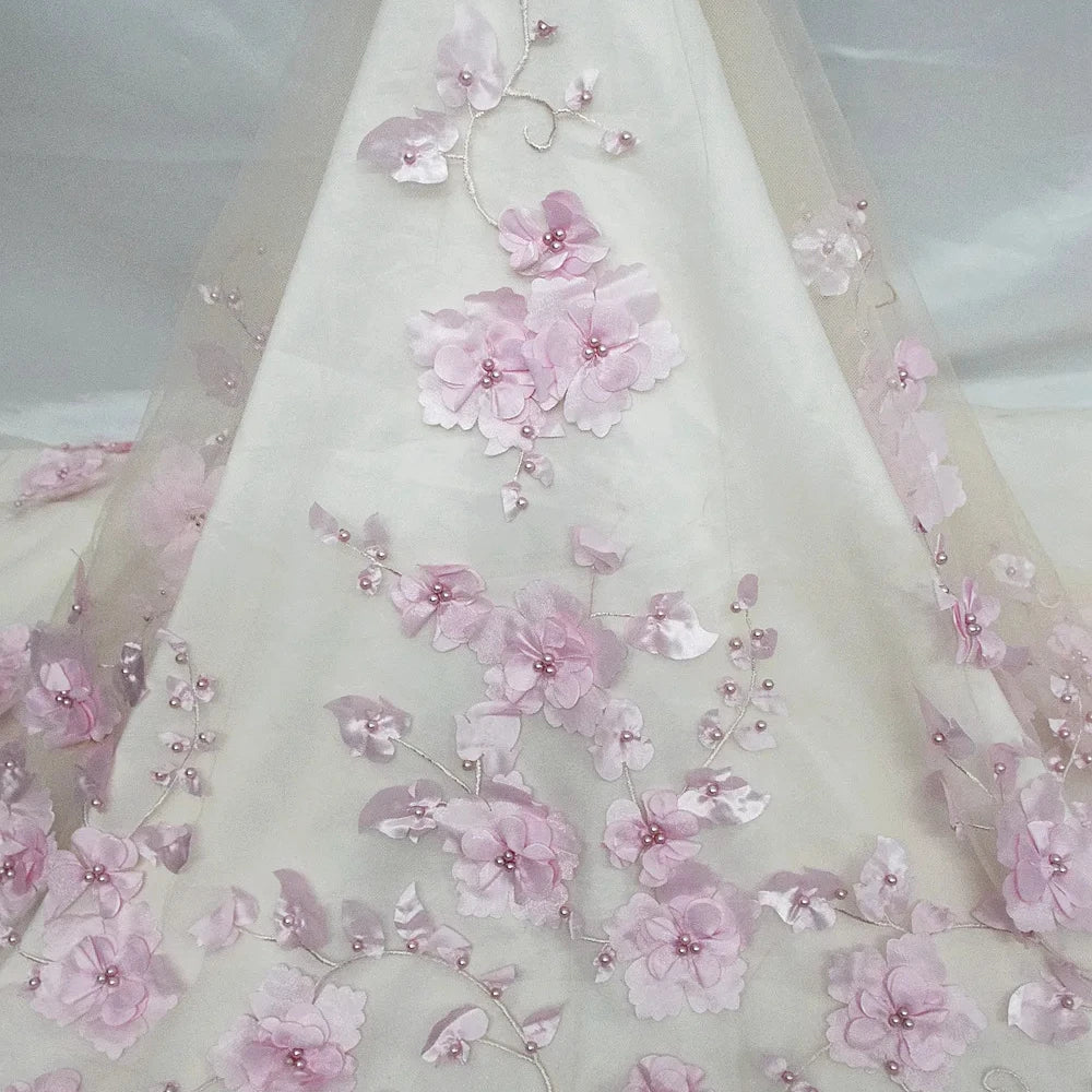 HY0986-5 Pink 3d Applique Flower Lace Fabric With Pearls Embroidery Simple Wedding Dress Fabric for Bride