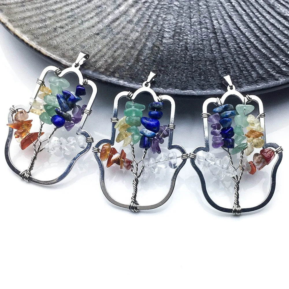 Wholesale Natural Crystal Gravel Tree of Life Pendant Alloy Hand-wound Fatima Hand Chips Stone Necklace Pendant