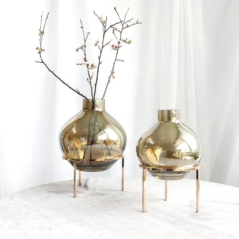 Nordic Style Mirror Metal Frame Transparent Glass Vase Floral Flower Arrangement Flowers Hydroponic High-end Living Room Vase