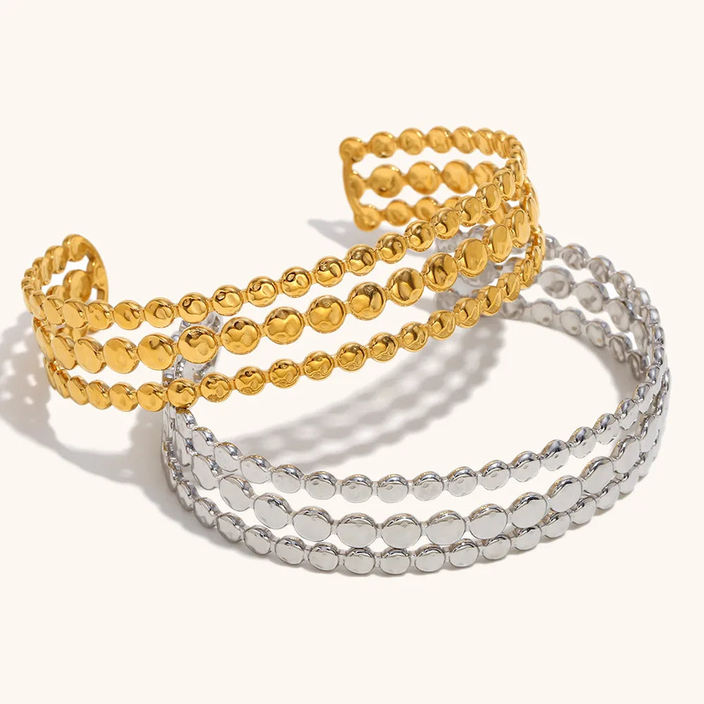 Sample Personalized Stainless Steel 18K Gold Plated Three-layer Splicing Disc Hollow Open Bracelet Bangle