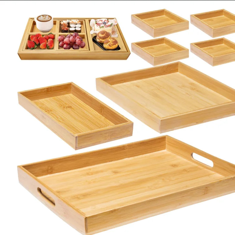 Wholesale Custom Bamboo Wooden Serving Trays with Handle Set of Large Medium Small and Mini Nesting Multipurpose Trays
