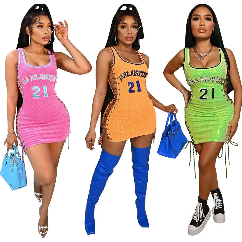 2022 Wholesale Ladies Sequin Strap Sexy Tight Hip Bag Alphabet Embroidered Sport Basketball Club Dresses