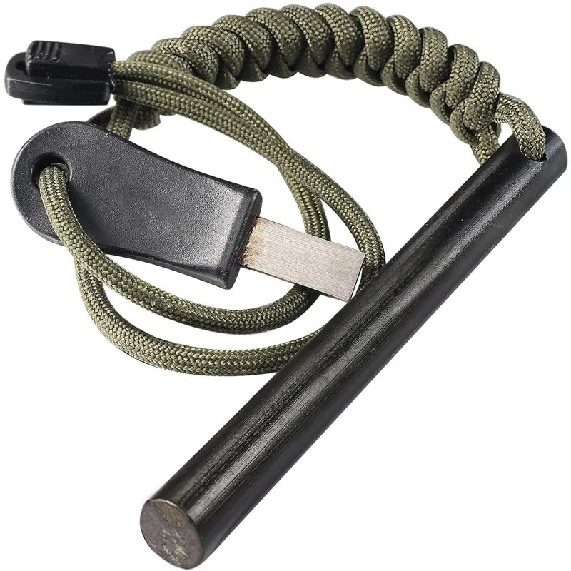 4 Inch Survival Ferrocerium Drilled Flint Fire Starter Ferro Rod Kit with Paracord Lanyard Handle and Striker