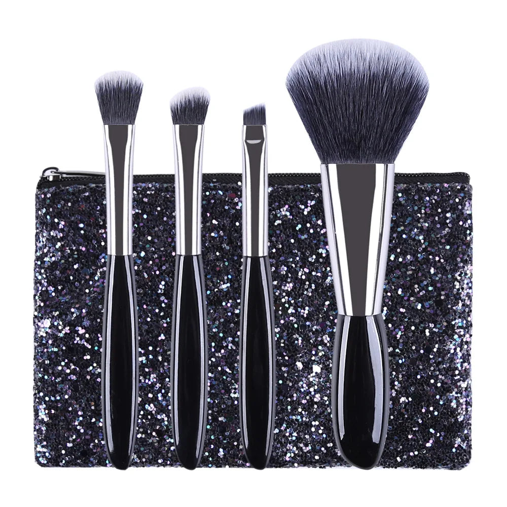 Portable Short Handle Eyeshadow Eyebrow Brush Beauty Tools Pebble Mini Trumpet 4pcs Makeup Brush Set with Cosmetic Bag
