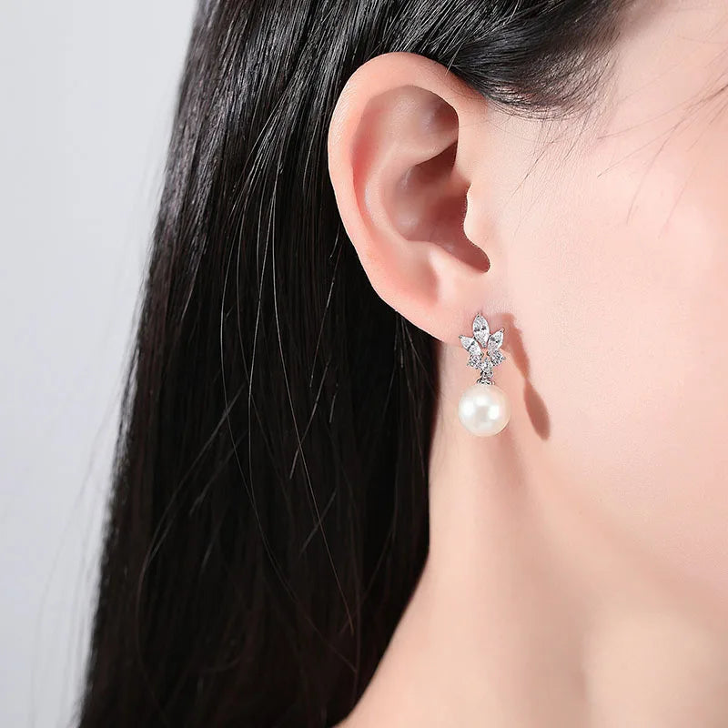 SLBRIDAL Ins Style Fashion CZ Crystal Pearls Girls Drop Earrings Trendy Cubic Zircon Women Earrings Bridal Wedding Drop Earrings