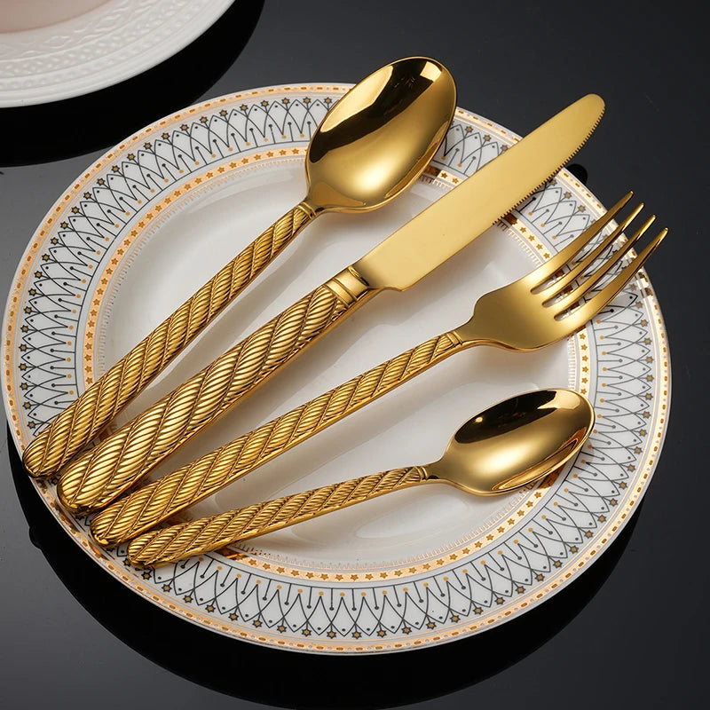 New Flatware Set 430 Stainless Steel Threaded Handles Knives Forks Spoons Gold Cutlery Set for Wedding Silverware