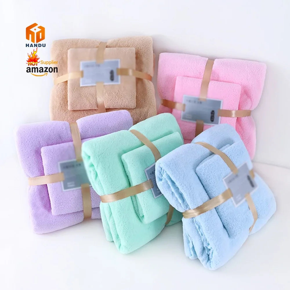 Wholesale Custom Logo Luxury Bath Towel Set High Quality Soft Super Absorbent Coral Fleece Microfiber Printed Spa Hotel Cleaning