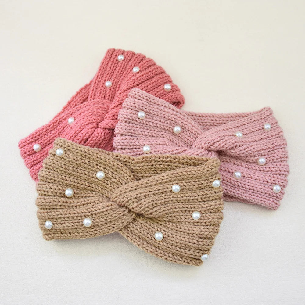 2025 Warm Ear Protector Knitted Headband Yoga Hair Accessories Pearl Wool Cross Headband