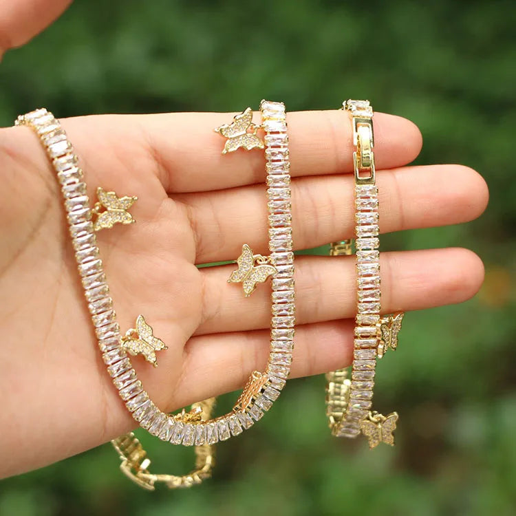 S11120 18k Gold Plated Diamond CZ Paved Butterfly Dangle Charms Baguette Tennis Choker Necklace Bracelet Jewelry Sets