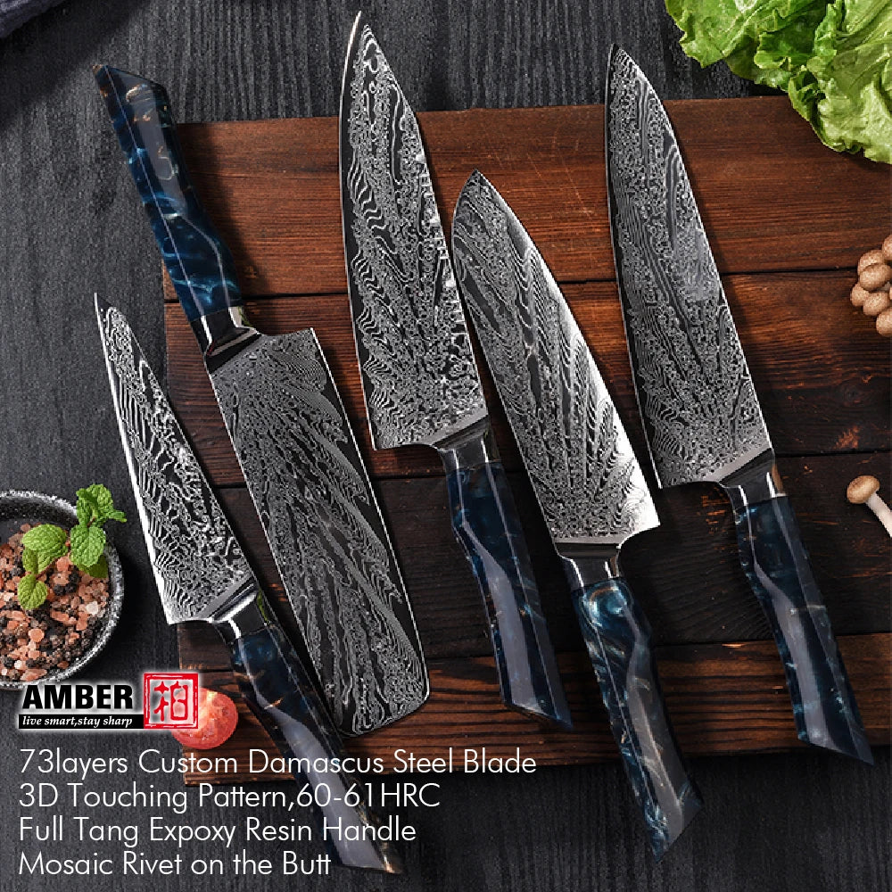 Manufacturer Japanese Knives Set AUS10 73 Layers Damascus Steel Custom Kitchen Knife Set with Resin Handle