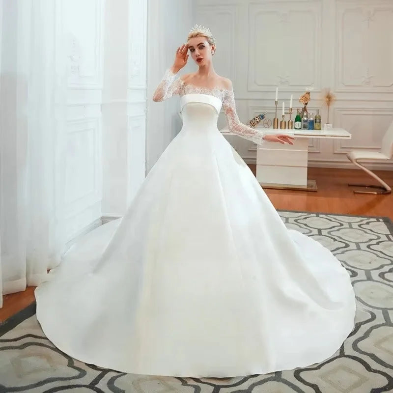 Ruolai ASA39352 Lace Off the Shoulder Long Sleeves Wedding Gowns Satin A-Line Long Cheap Wedding Dresses Bridal