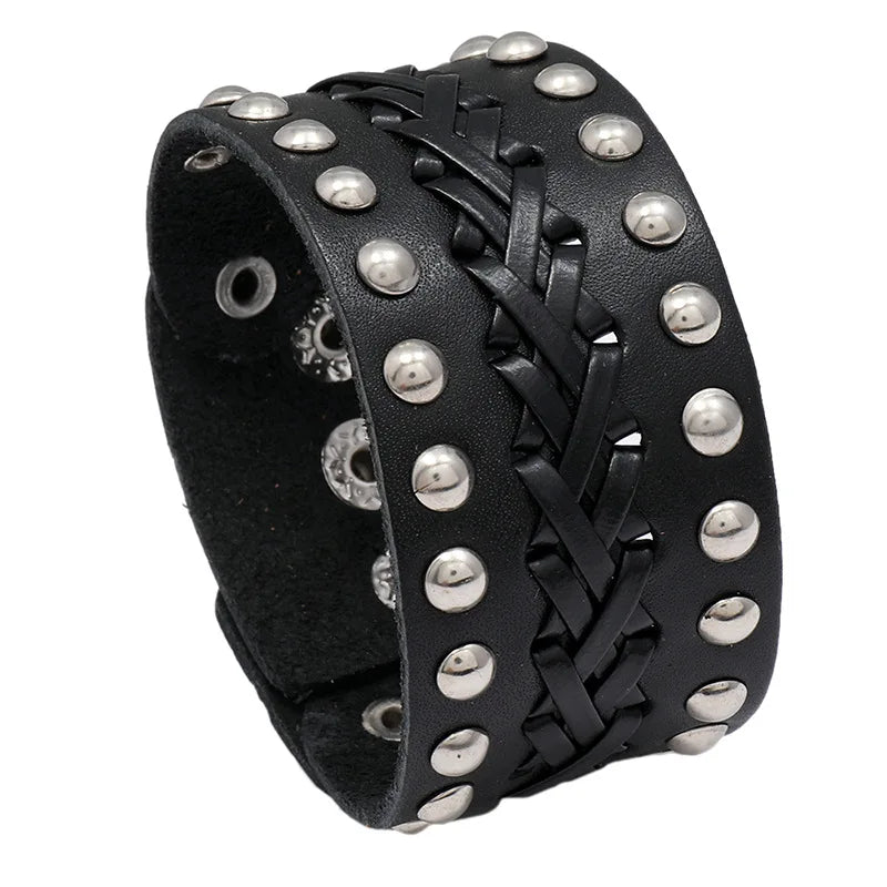 Hot Selling Punk Rock Rivet Genuine Leather Bracelet Wide Cowhide Wristband Bangle Hip-hop Jewelry for Men