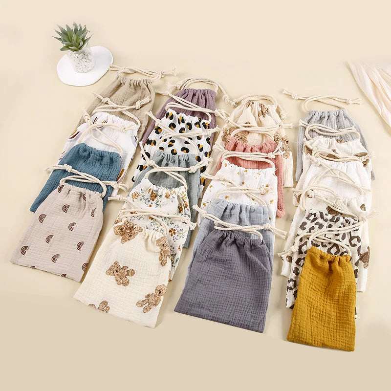 Double Layer Drawstring Pocket Pure Cotton Printed Baby Drool Towel Soothing Towel Small Item Storage Bag Clothing Bag