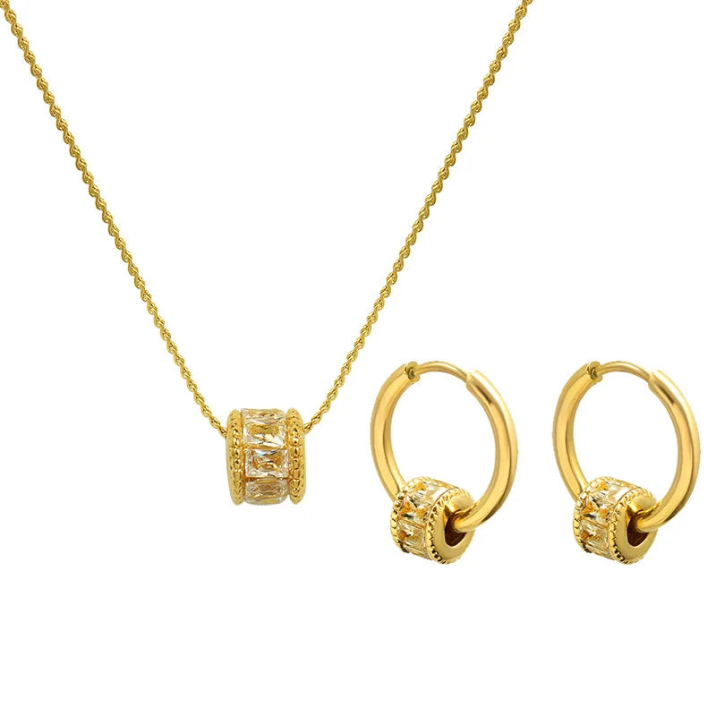 2023 Dainty Women 18k Gold Plated Tarnish Free Stainless Steel Zircon Earring Necklace Jewelry Set