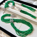 Vintage Senior Multi-Layer Stacked Green Beaded Cat's Eye Stone Bracelet Earrings Necklace Jewellery Set Factory Wholesale