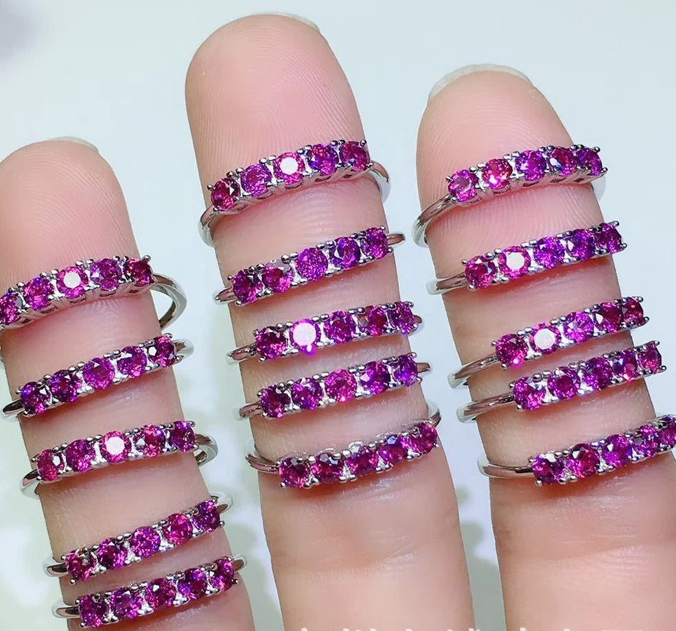 925 Sterling Silver Fashion Ring Single Row Inlaid with Natural Purple Garnet Gemstone Rhodium Plated for Gift