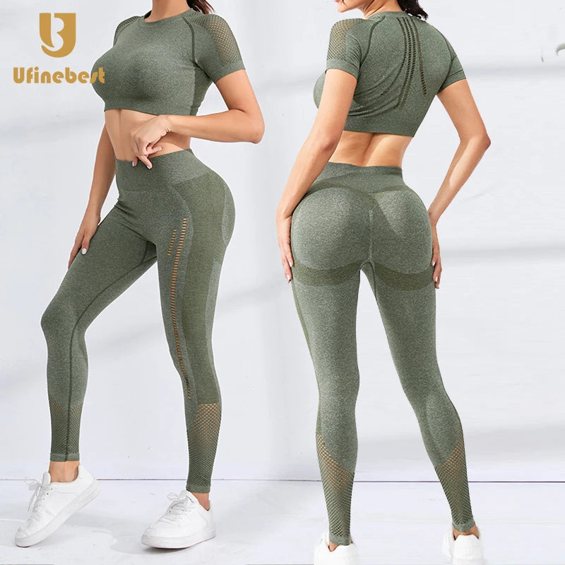 2PCS Seamless Women Yoga Set Workout Sportswear Gym Clothes Fitness Long Sleeve Crop Top High Waist Leggings Sports Suit