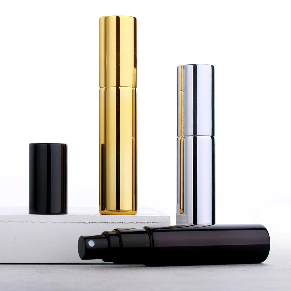10ML Cheap High Quality Shiny Perfume Bottle Refillable Glass Bottle UV Gold Black Silver Spray Cap Custom Logo Sample
