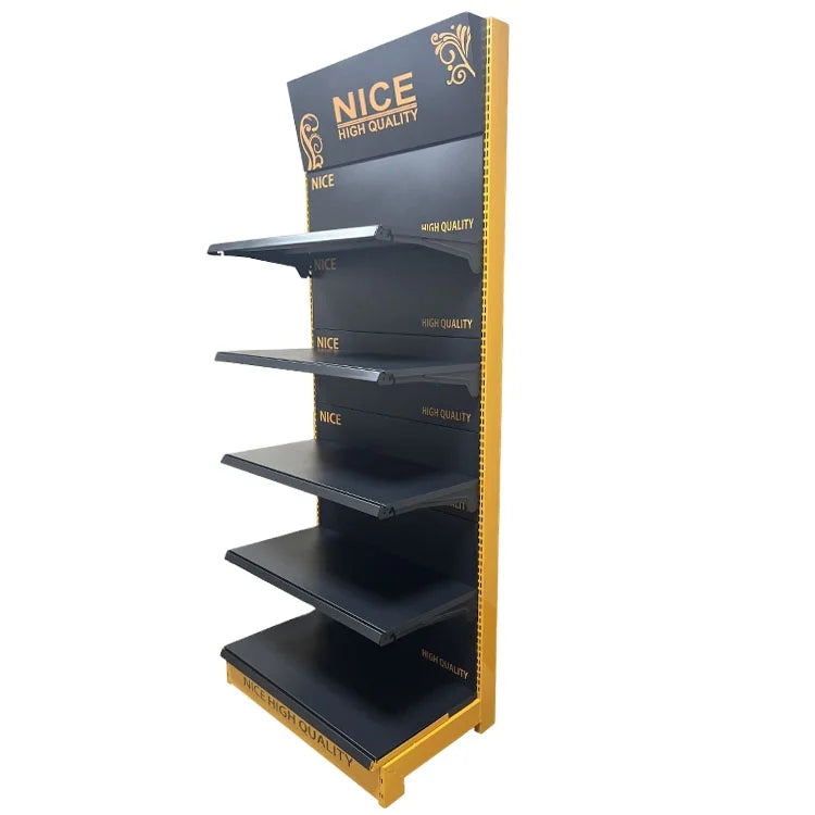 Factory Custom Size Color logo Single Side Metal Yellow Supermarket Market Gondola Shop Exhibition Display Rack Shelf