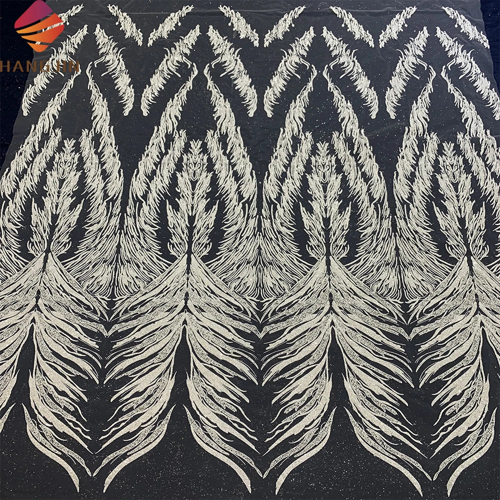 Glitter Metallic Print Fabric With Embossed Foam Pattern Sparkle Silvery White French Tulle Fabric Shining Wedding Lace Fabric