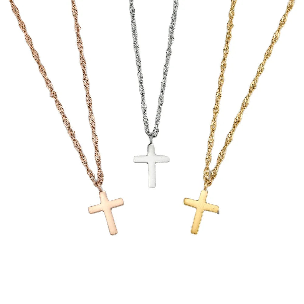 Elegant Lady's Stainless Steel Water-wave Chain Pendant Necklace Gold Cross Fashionable Fine Jewelry Engagement Christian Theme
