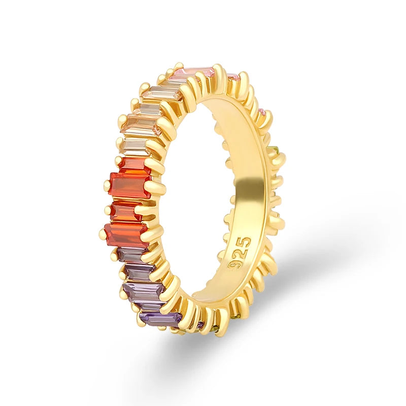 925 Sterling Silver Gold Plated Rainbow Cz Zircon Tennis Entrenity Band Ring