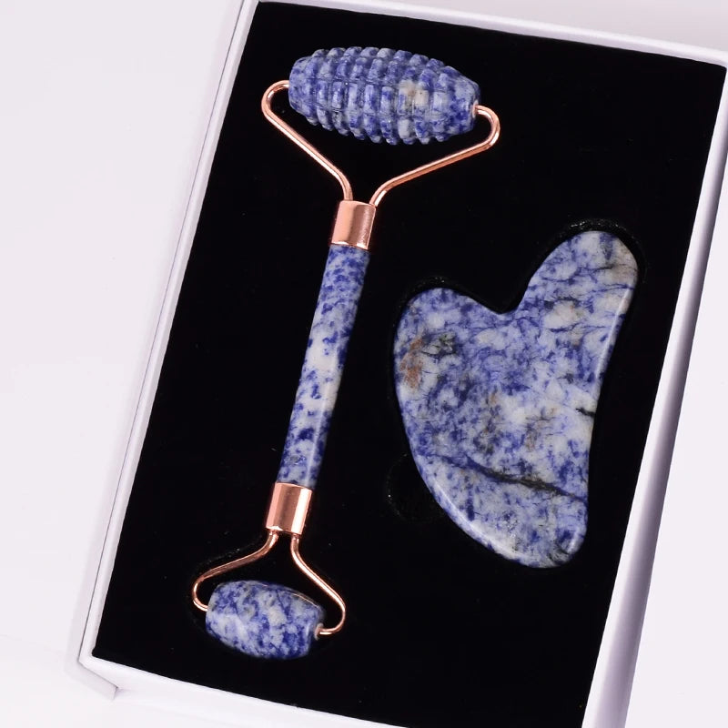 Diy Wholesale No Noise Corner Shape Gua Sha Facial Blue Spot jasper Sawtooth Roller Guasha Face Massage Roller